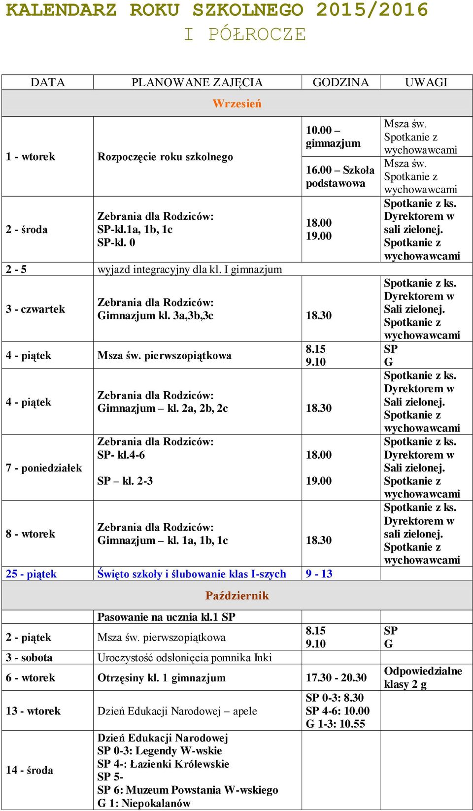 4-6 kl. 2-3 1 19.00 imnazjum kl. 1a, 1b, 1c 18.30 25 - piątek Święto szkoły i ślubowanie klas I-szych 9-13 Pasowanie na ucznia kl.1 2 - piątek Msza św.