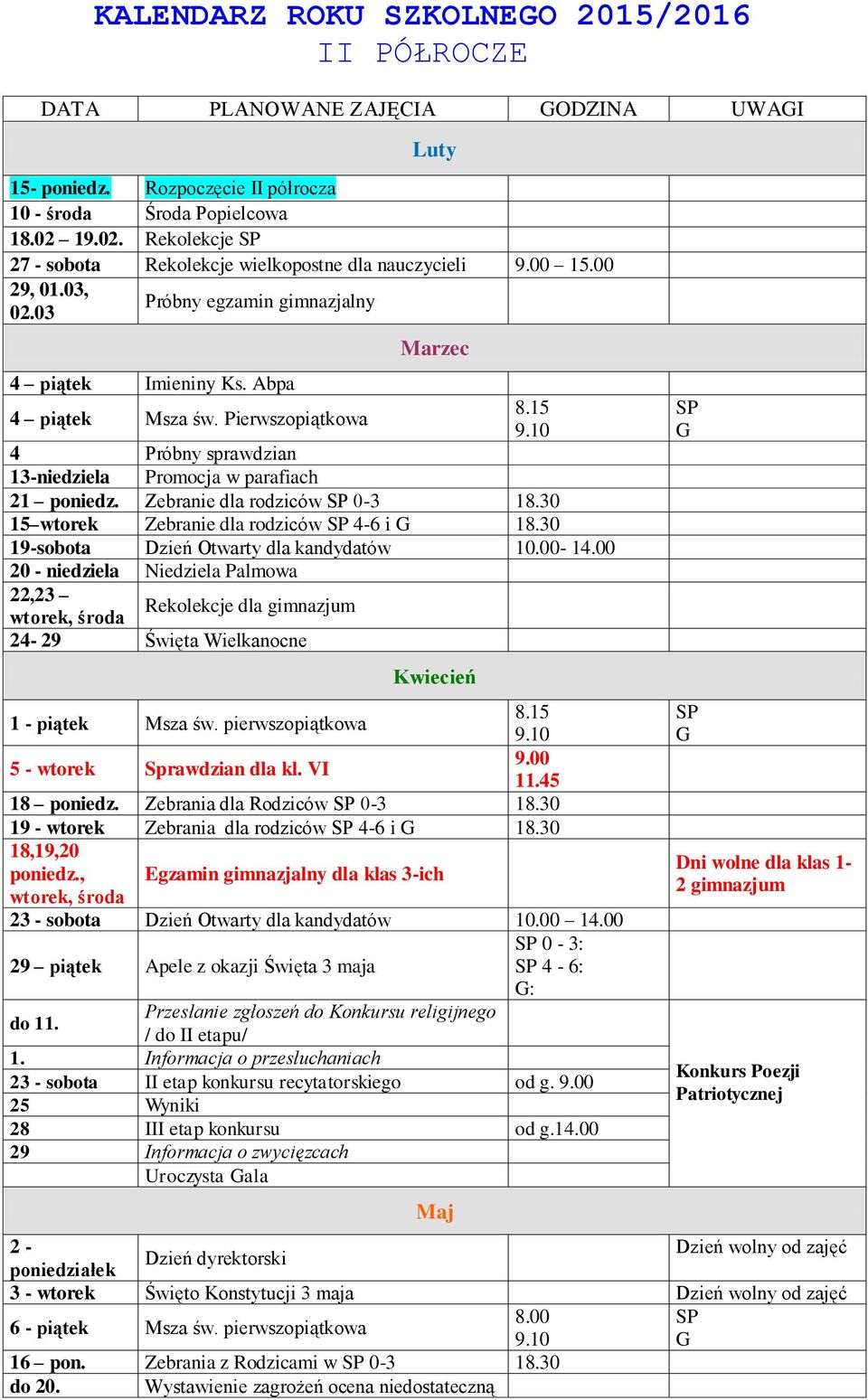 Pierwszopiątkowa 4 Próbny sprawdzian 13-niedziela Promocja w parafiach 21 poniedz. Zebranie dla rodziców 0-3 18.30 15 wtorek Zebranie dla rodziców 4-6 i 18.