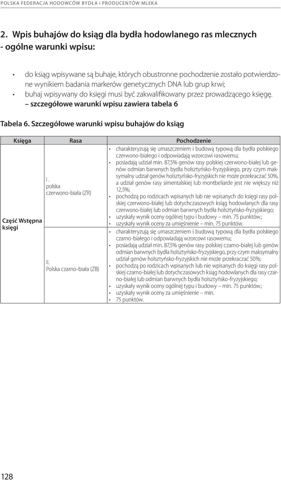 genetycznych DNA lub grup krwi; buhaj wpisywany do księgi musi być zakwalifikowany przez prowadzącego księgę. szczegółowe warunki wpisu zawiera tabela 6 Tabela 6.