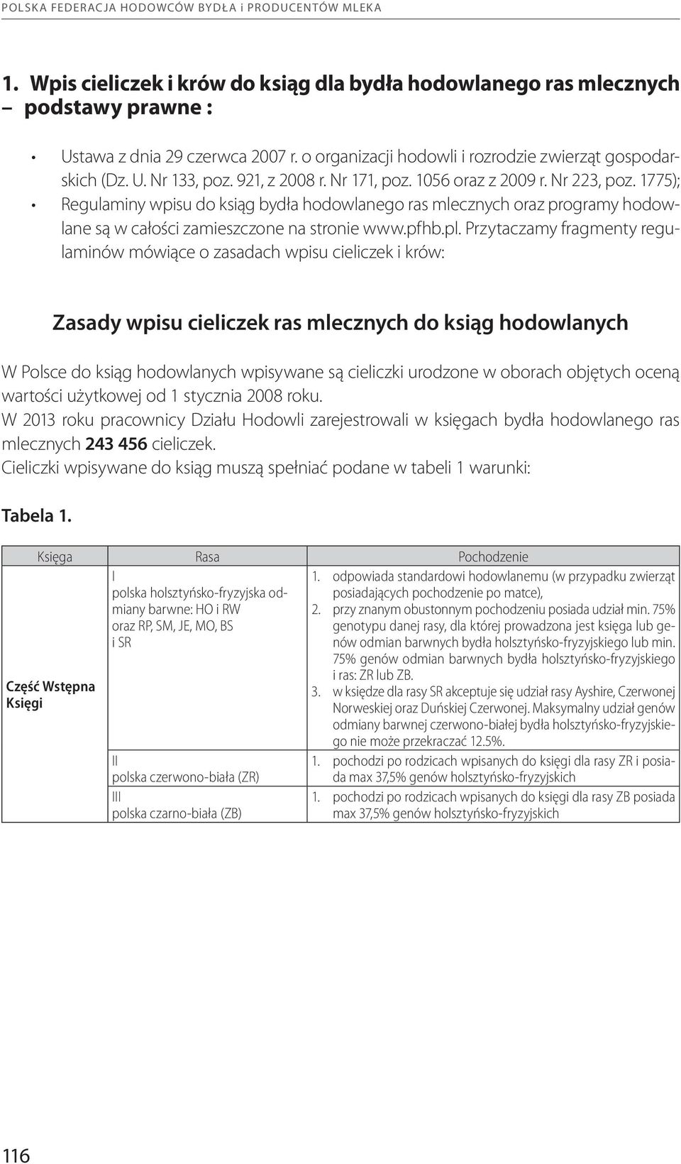 1775); Regulaminy wpisu do ksiąg bydła hodowlanego ras mlecznych oraz programy hodowlane są w całości zamieszczone na stronie www.pfhb.pl.