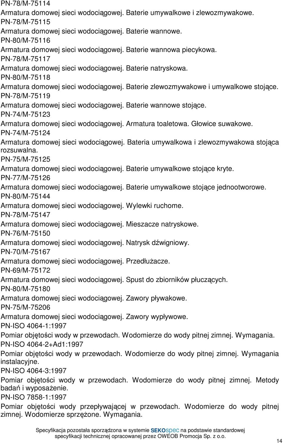 Baterie zlewozmywakowe i umywalkowe stojące. PN-78/M-75119 Armatura domowej sieci wodociągowej. Baterie wannowe stojące. PN-74/M-75123 Armatura domowej sieci wodociągowej. Armatura toaletowa.