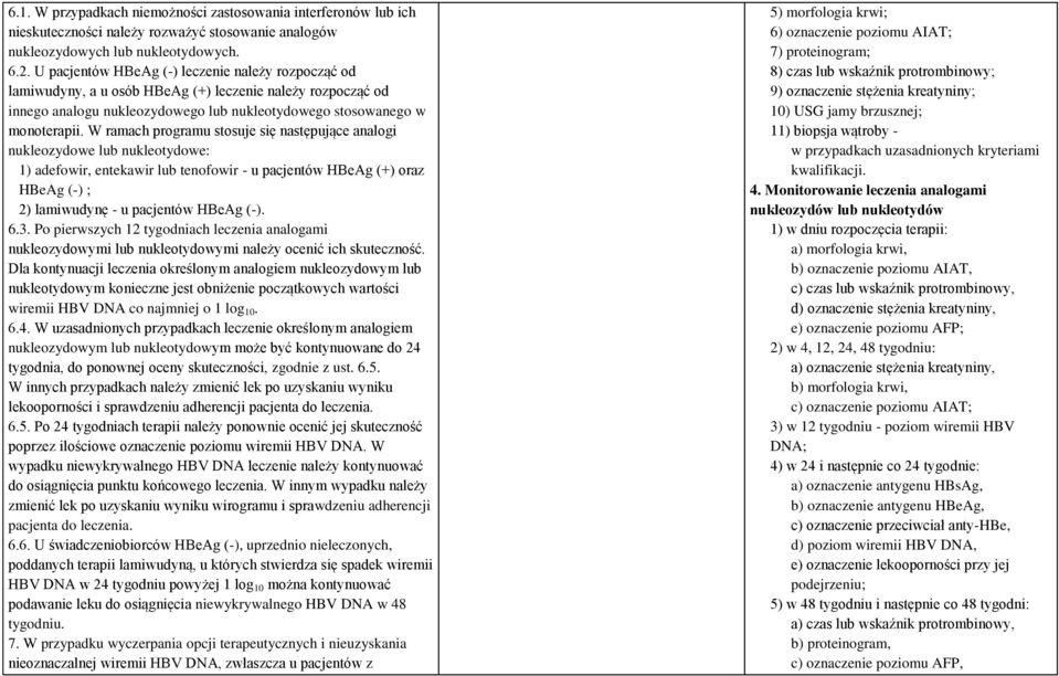 W ramach programu stosuje się następujące analogi nukleozydowe lub nukleotydowe: 1) adefowir, entekawir lub tenofowir - u pacjentów HBeAg (+) oraz HBeAg (-) ; 2) lamiwudynę - u pacjentów HBeAg (-). 6.