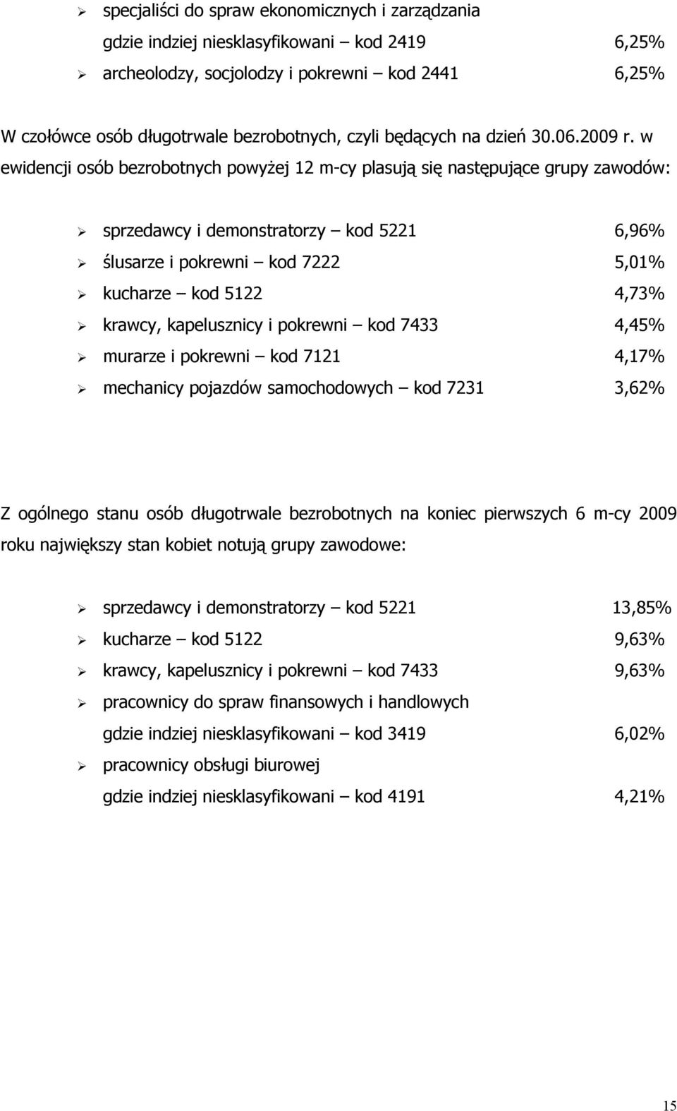w ewidencji osób bezrobotnych powyżej 12 m-cy plasują się następujące grupy zawodów: sprzedawcy i demonstratorzy od 5221 6,96% ślusarze i porewni od 7222 5,01% ucharze od 5122 4,73% rawcy,