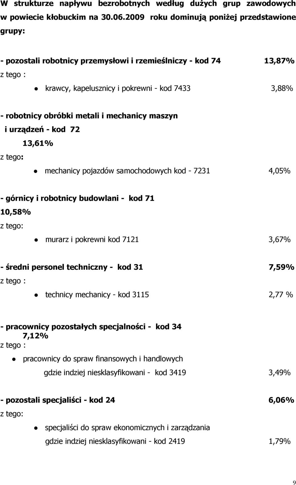 mechanicy maszyn i urządzeń - od 72 13,61% z tego: mechanicy pojazdów samochodowych od - 7231 4,05% - górnicy i robotnicy budowlani - od 71 10,58% z tego: murarz i porewni od 7121 3,67% - średni