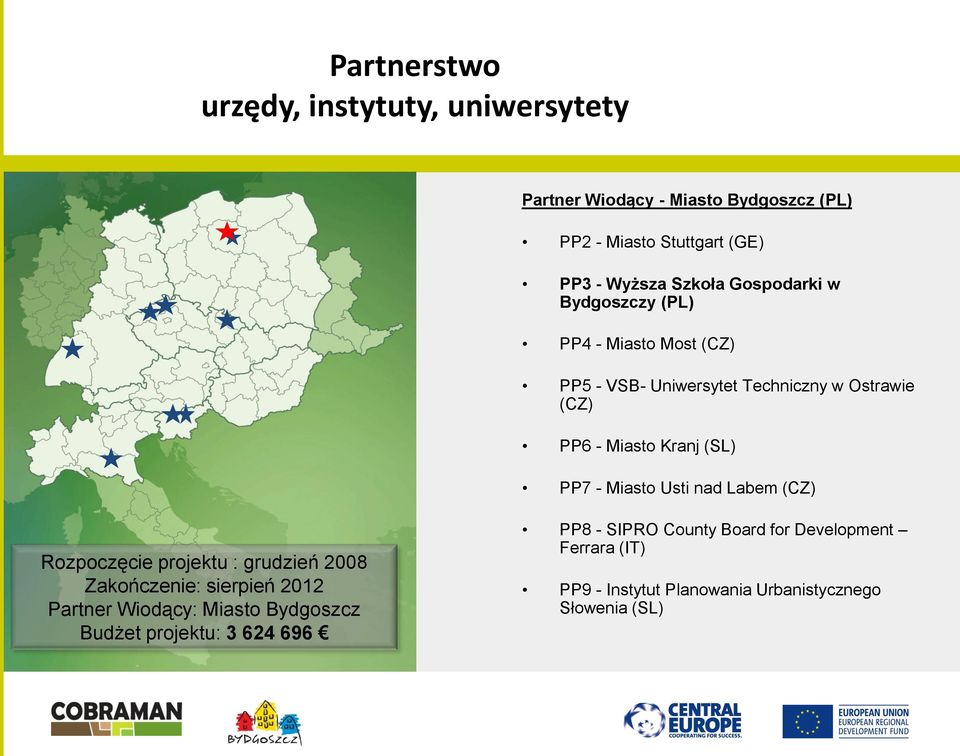 Miasto Usti nad Labem (CZ) Rozpoczęcie projektu : grudzień 2008 Zakończenie: sierpień 2012 Partner Wiodący: Miasto Bydgoszcz Budżet