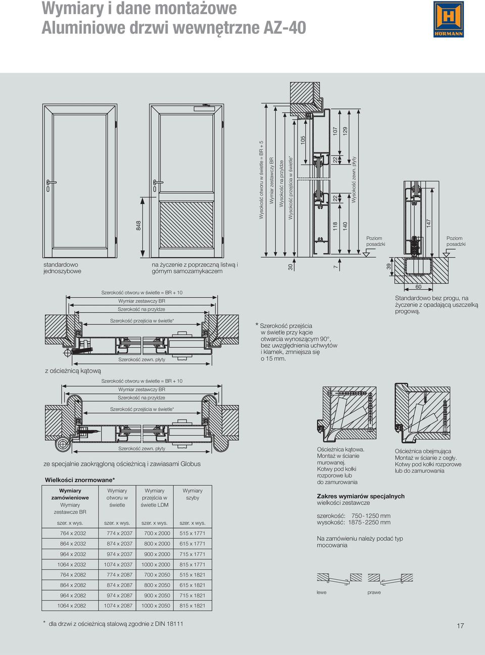 płyty 147 Poziom posadzki Poziom posadzki standardowo jednoszybowe na życzenie z poprzeczną listwą i górnym samozamykaczem 30 7 39 Szerokość otworu w świetle = BR + 10 Wymiar zestawczy BR Szerokość