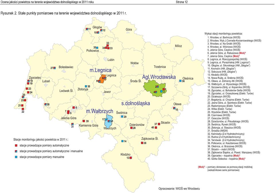 : stacje prowadzące pomiary automatyczne stacje prowadzące pomiary automatyczne i manualne 7 5 1 6 Złotoryja Głogów 11 12 1 5 Polkowice 9 Kamienna Góra Legnica Jawor Lubin m.legnica 9 4 m.