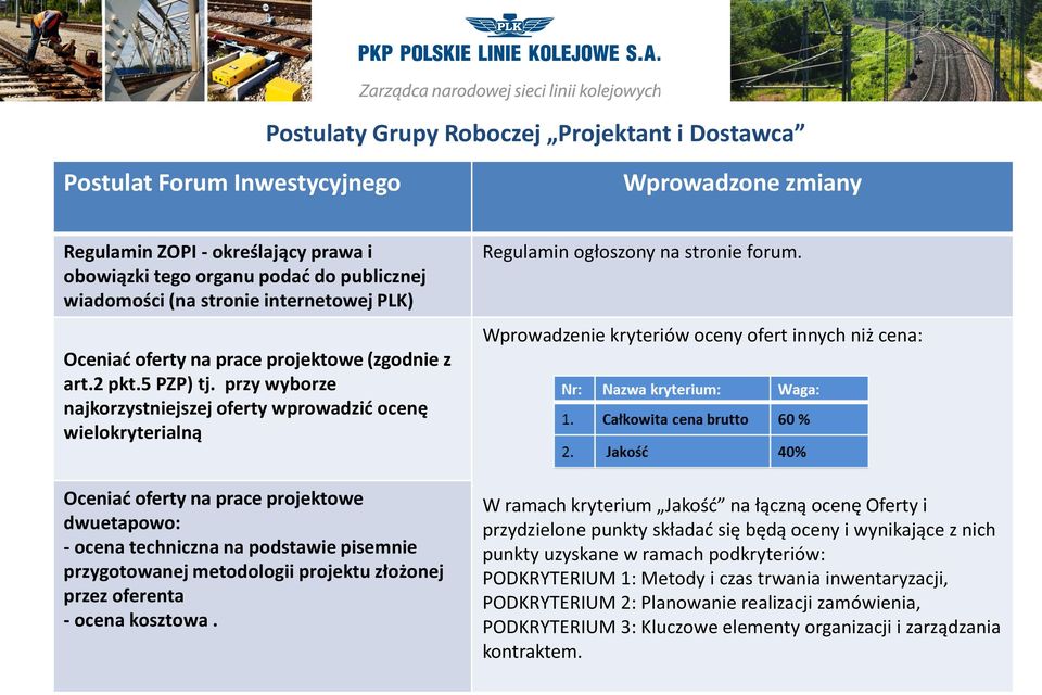 Wprowadzenie kryteriów oceny ofert innych niż cena: Oceniać oferty na prace projektowe dwuetapowo: - ocena techniczna na podstawie pisemnie przygotowanej metodologii projektu złożonej przez oferenta