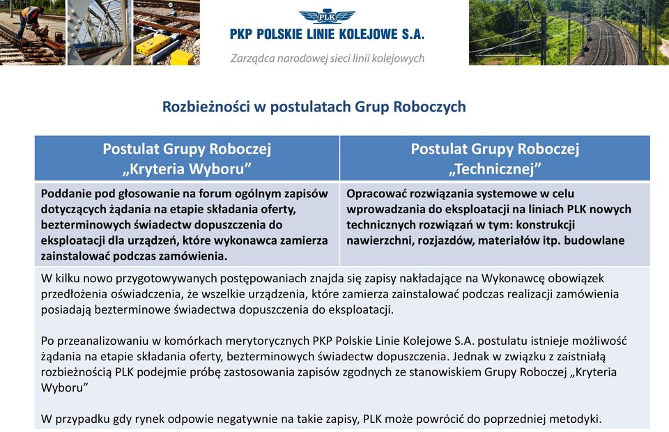 Postulat Grupy Roboczej Technicznej Opracować rozwiązania systemowe w celu wprowadzania do eksploatacji na liniach PLK nowych technicznych rozwiązań w tym: konstrukcji nawierzchni, rozjazdów,