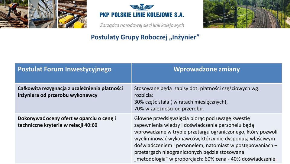 Główne przedsięwzięcia biorąc pod uwagę kwestię zapewnienia wiedzy i doświadczenia personelu będą wprowadzane w trybie przetargu ograniczonego, który pozwoli wyeliminować