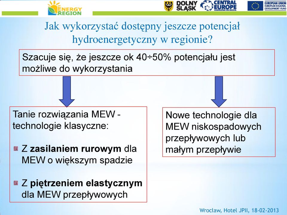 technologie klasyczne: Z zasilaniem rurowym dla MEW o większym spadzie Nowe technologie dla MEW