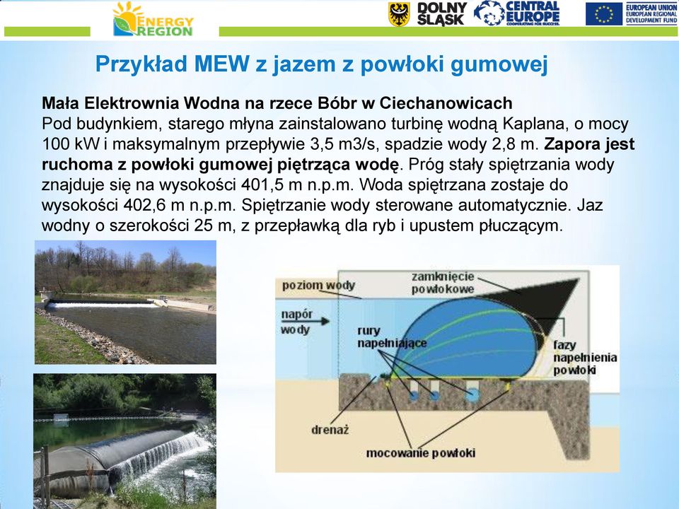 Zapora jest ruchoma z powłoki gumowej piętrząca wodę. Próg stały spiętrzania wody znajduje się na wysokości 401,5 m n.p.m. Woda spiętrzana zostaje do wysokości 402,6 m n.