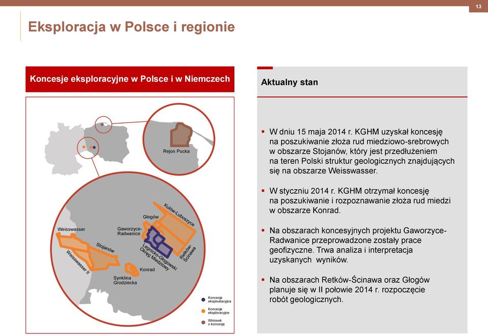 Głogów W styczniu 2014 r. KGHM otrzymał koncesję na poszukiwanie i rozpoznawanie złoża rud miedzi w obszarze Konrad.