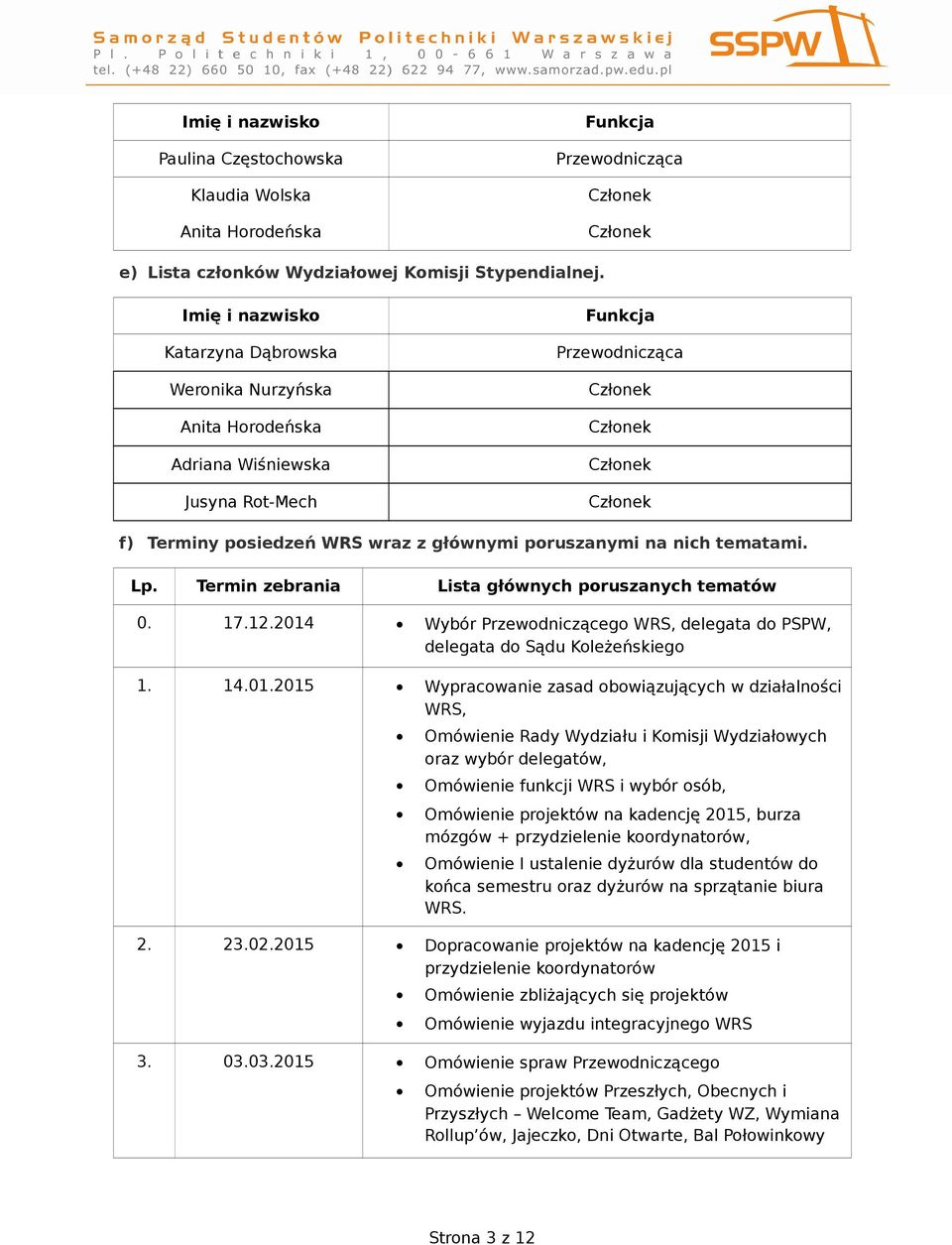 głównymi poruszanymi na nich tematami. Lp. Termin zebrania Lista głównych poruszanych tematów 0. 17.12.2014