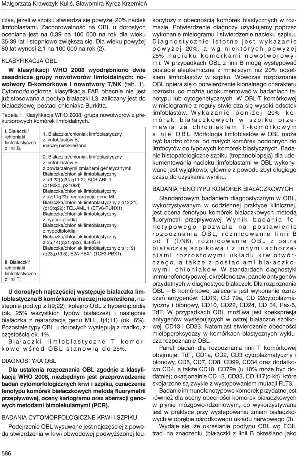 Klasyfikacja OBL W klasyfikacji WHO 2008 wyodrębniono dwie zasadnicze grupy nowotworów limfoidalnych: nowotwory B-komórkowe i nowotwory T/NK (tab. 1).