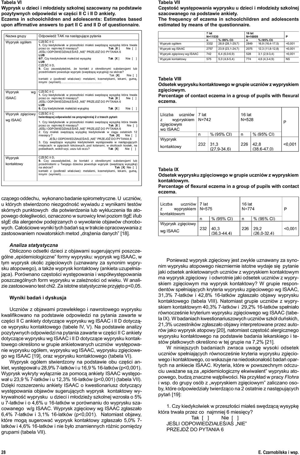 Tabela VII Czêstoœæ wystêpowania wyprysku u dzieci i m³odzie y szkolnej szacowanego na podstawie ankiety.