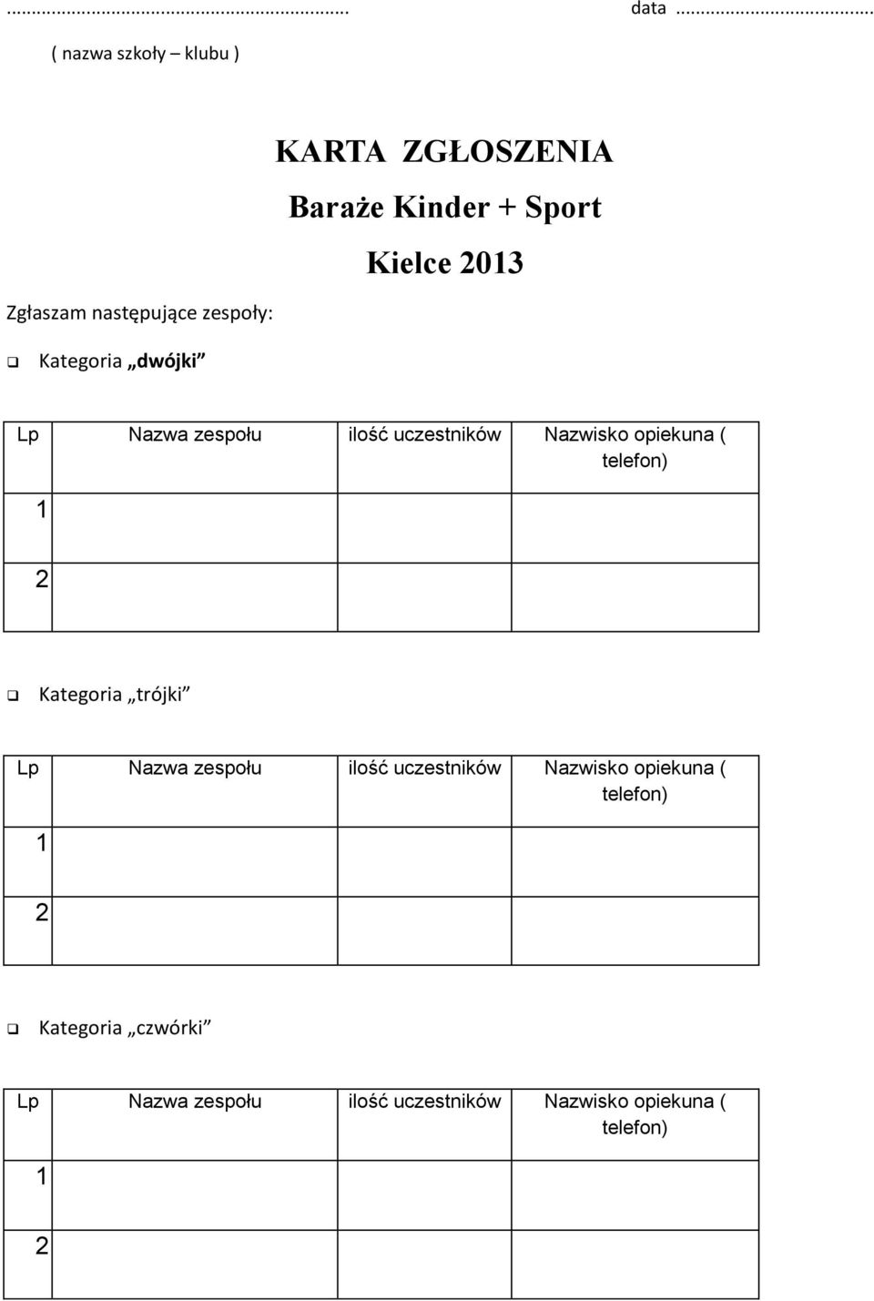 Sport Kielce 2013 Kategoria dwójki Lp Nazwa zespołu ilość uczestników Nazwisko opiekuna (
