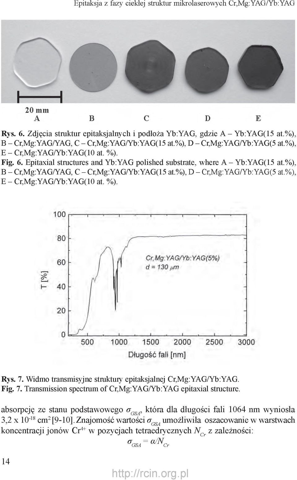 %), D - Cr,Mg:YAG/Yb:YAG(5 at.%), E - Cr,Mg:YAG/Yb:YAG(10 at. %). Rys. 7. Widmo transmisyjne struktury epitaksjalnej Cr,Mg:YAG/Yb:YAG. Fig. 7. Transmission spectrum of Cr,Mg:YAG/Yb:YAG epitaxial structure.