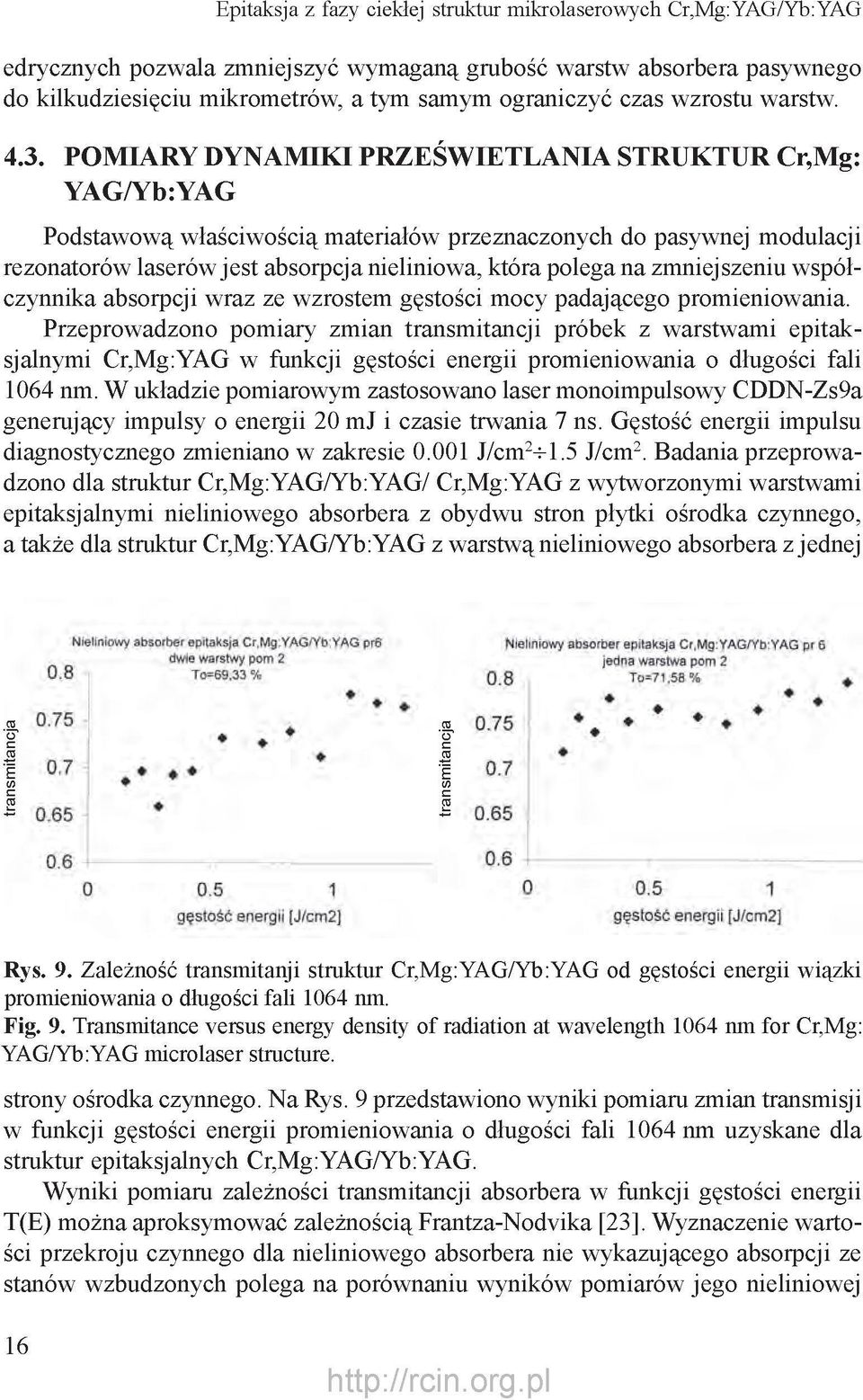 POMIARY DYNAMIKI PRZEŚWIETLANIA STRUKTUR Cr,Mg: YAG/Yb:YAG Podstawową właściwością materiałów przeznaczonych do pasywnej modulacji rezonatorów laserów jest absorpcja nieliniowa, która polega na
