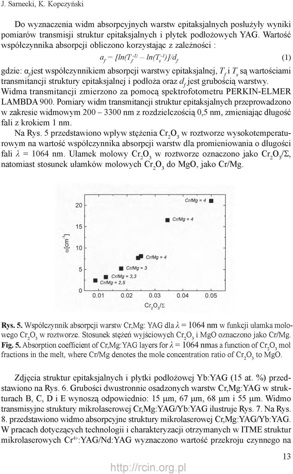 struktury epitaksjalnej i podłoża oraz d^ jest grubością warstwy. Widma transmitancji zmierzono za pomocą spektrofotometru PERKIN-ELMER LAMBDA 900.