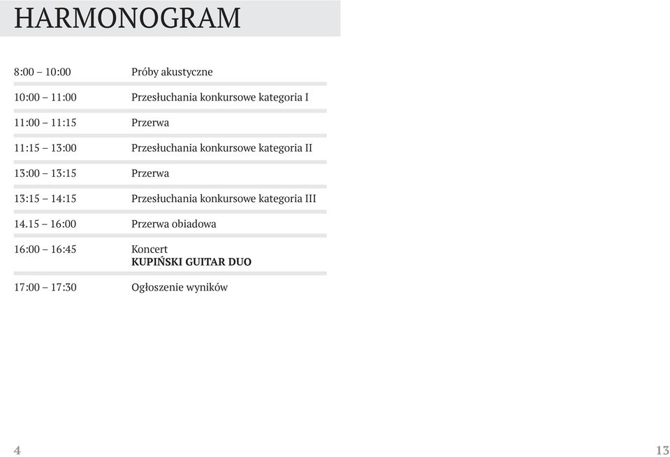 13:00 13:15 Przerwa 13:15 14:15 Przesłuchania konkursowe kategoria III 14.