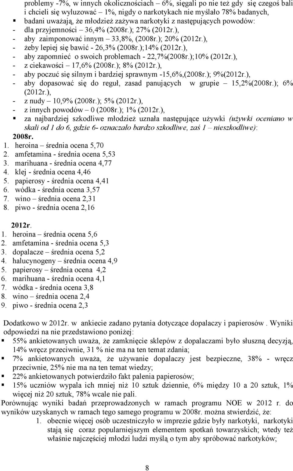 ), - aby zapomnieć o swoich problemach - 22,7%(2008r.);10% (2012r.), - z ciekawości 17,6% (2008r.); 8% (2012r.), - aby poczuć się silnym i bardziej sprawnym -15,6%,(2008r.); 9%(2012r.