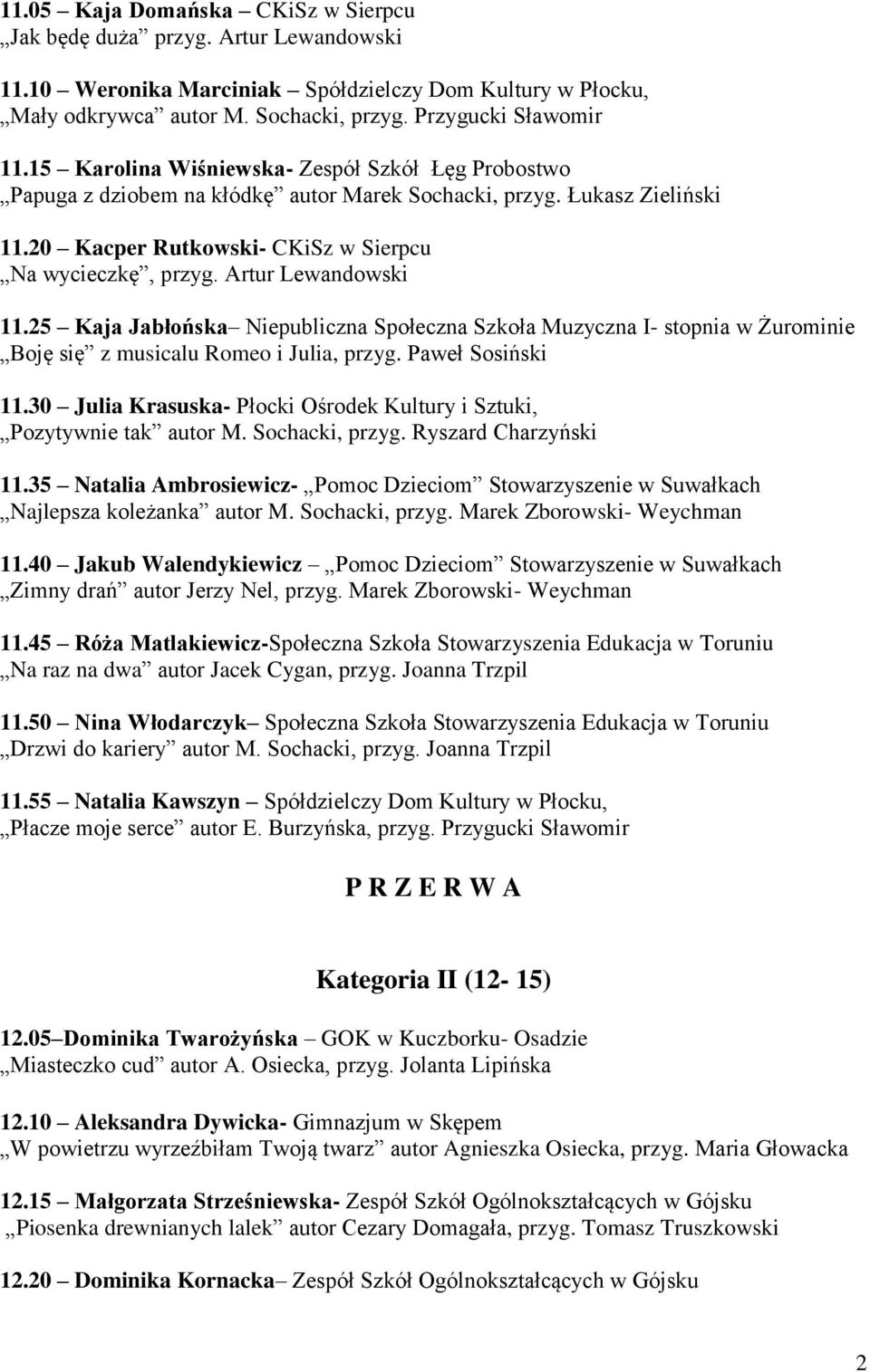 Artur Lewandowski 11.25 Kaja Jabłońska Niepubliczna Społeczna Szkoła Muzyczna I- stopnia w Żurominie Boję się z musicalu Romeo i Julia, przyg. Paweł Sosiński 11.