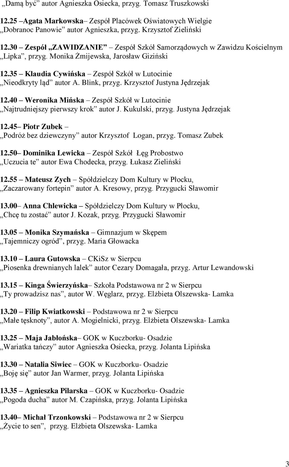 Blink, przyg. Krzysztof Justyna Jędrzejak 12.40 Weronika Mińska Zespół Szkół w Lutocinie Najtrudniejszy pierwszy krok autor J. Kukulski, przyg. Justyna Jędrzejak 12.45 Piotr Zubek Podróż bez dziewczyny autor Krzysztof Logan, przyg.