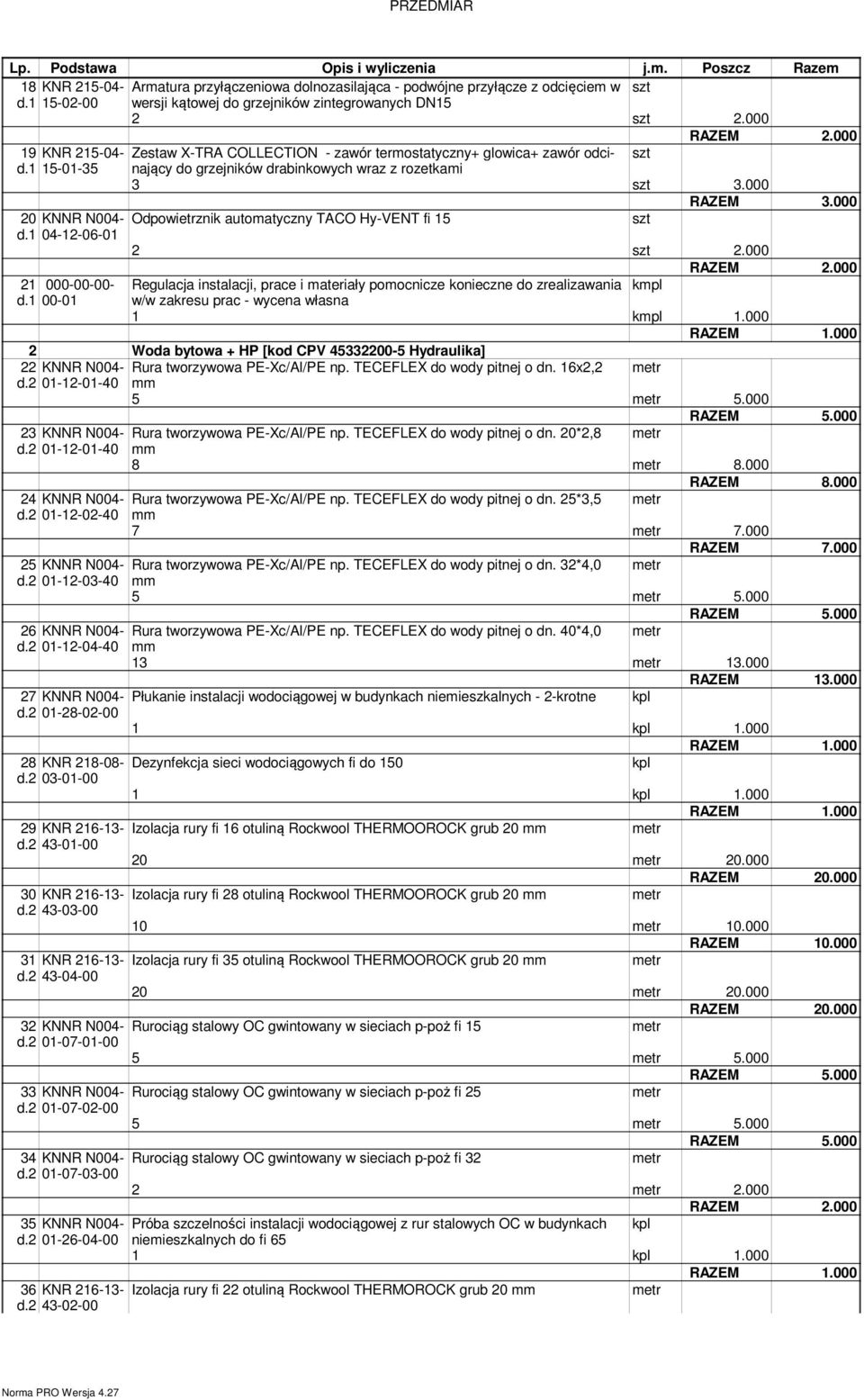 000 20 KNNR N004- Odpowietrznik automatyczny TACO Hy-VENT fi 15 d.1 04-12-06-01 2 2.000 21 000-00-00- Regulacja instalacji, prace i materiały pomocnicze konieczne do zrealizawania d.