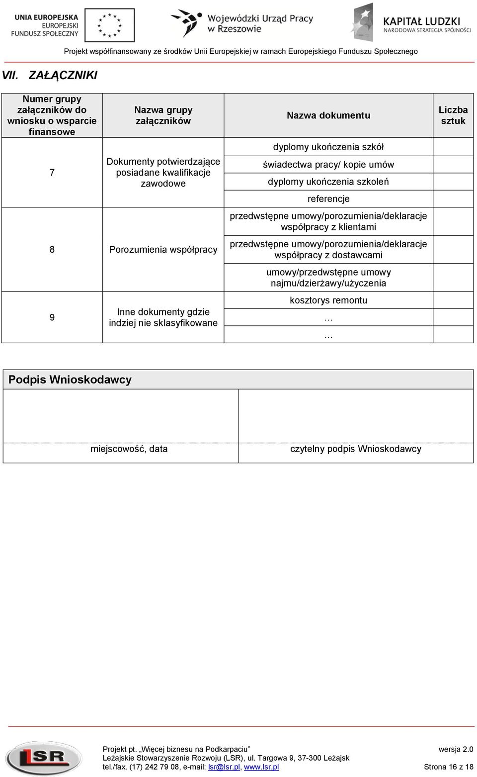 umów dyplomy ukończenia szkoleń referencje przedwstępne umowy/porozumienia/deklaracje współpracy z klientami przedwstępne umowy/porozumienia/deklaracje współpracy z dostawcami umowy/przedwstępne