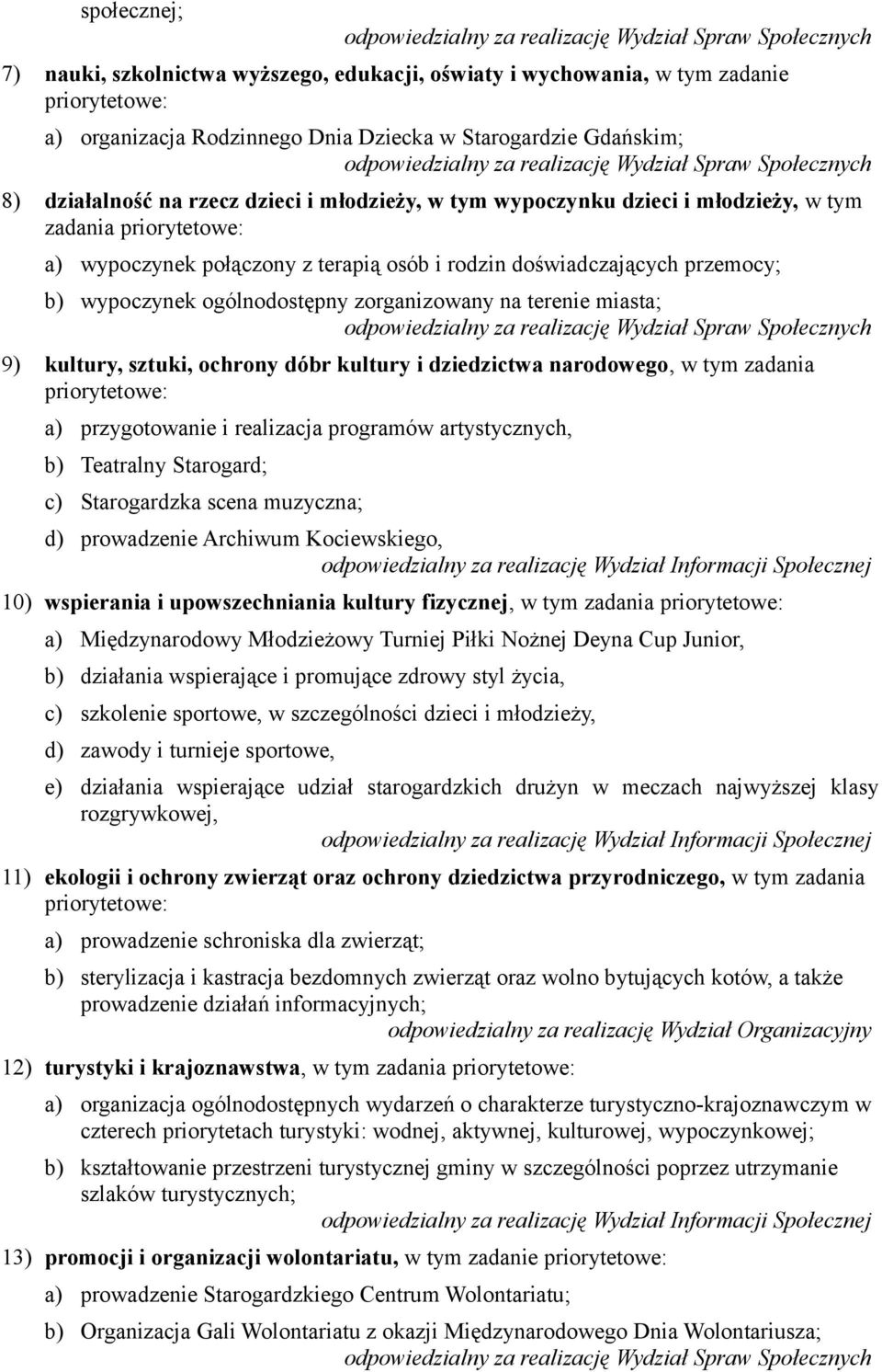 terenie miasta; 9) kultury, sztuki, ochrony dóbr kultury i dziedzictwa narodowego, w tym zadania priorytetowe: a) przygotowanie i realizacja programów artystycznych, b) Teatralny Starogard; c)