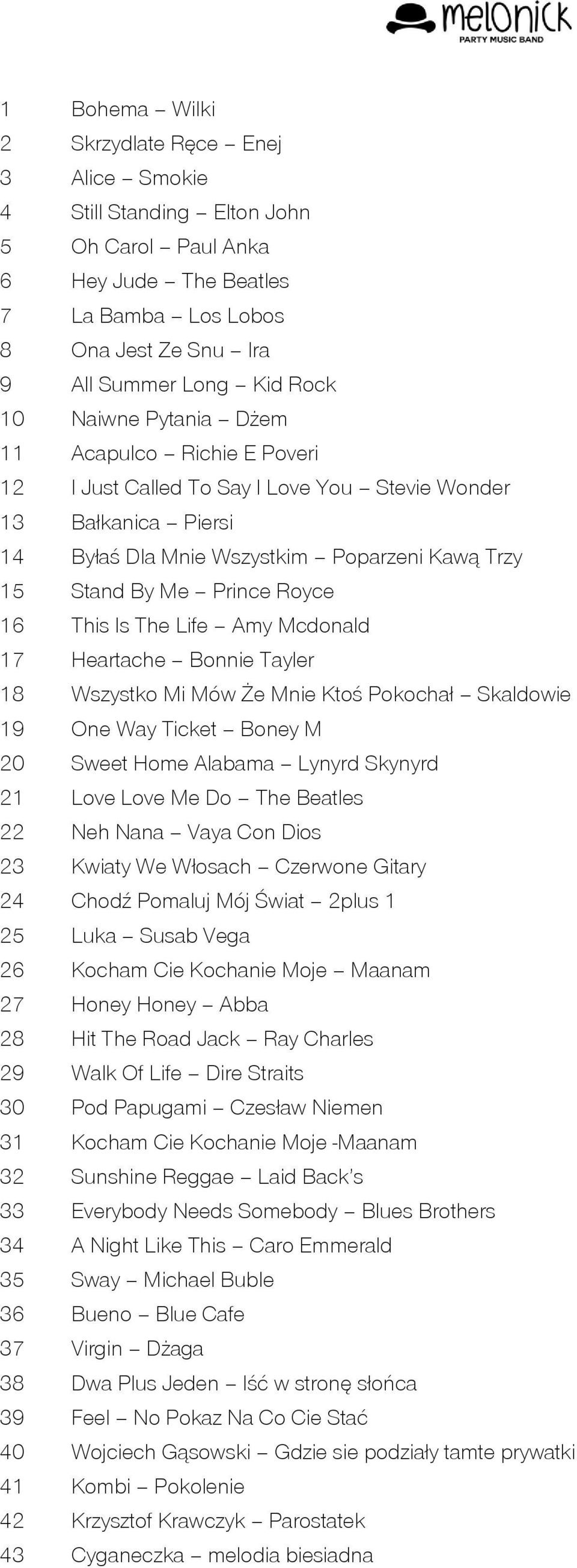 This Is The Life Amy Mcdonald 17 Heartache Bonnie Tayler 18 Wszystko Mi Mów Że Mnie Ktoś Pokochał Skaldowie 19 One Way Ticket Boney M 20 Sweet Home Alabama Lynyrd Skynyrd 21 Love Love Me Do The