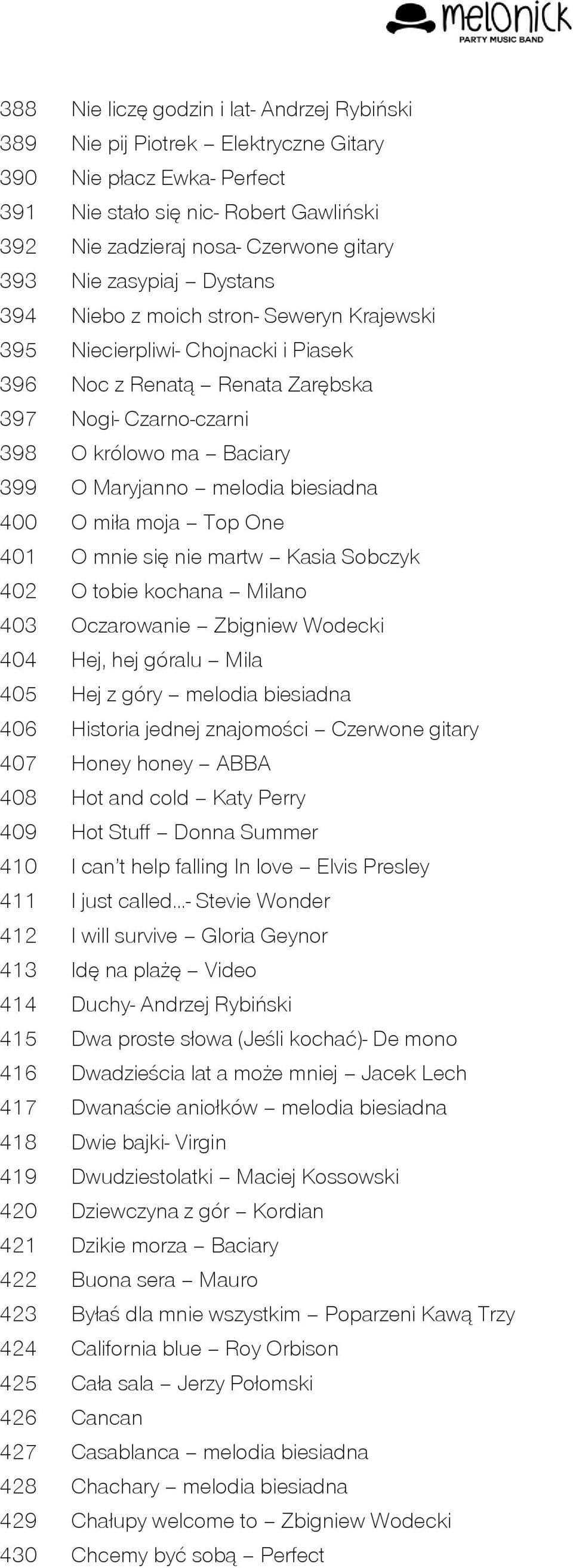 melodia biesiadna 400 O miła moja Top One 401 O mnie się nie martw Kasia Sobczyk 402 O tobie kochana Milano 403 Oczarowanie Zbigniew Wodecki 404 Hej, hej góralu Mila 405 Hej z góry melodia biesiadna