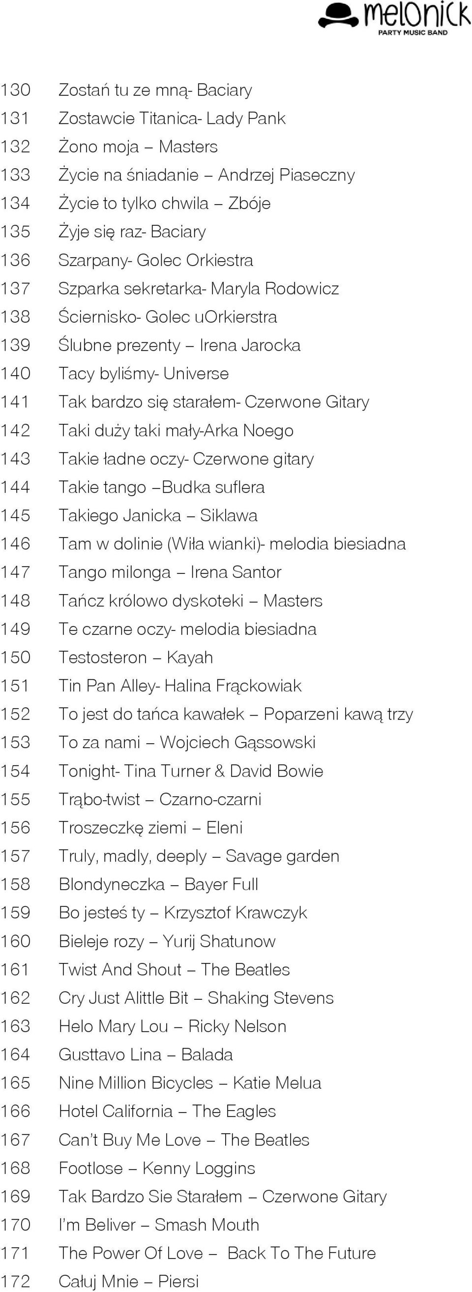 Taki duży taki mały-arka Noego 143 Takie ładne oczy- Czerwone gitary 144 Takie tango Budka suflera 145 Takiego Janicka Siklawa 146 Tam w dolinie (Wiła wianki)- melodia biesiadna 147 Tango milonga