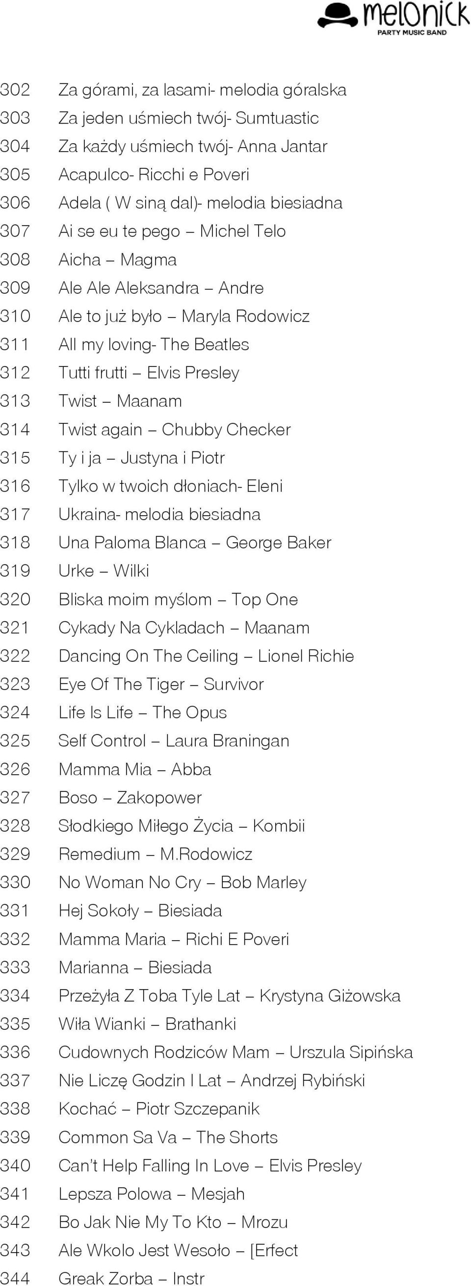 again Chubby Checker 315 Ty i ja Justyna i Piotr 316 Tylko w twoich dłoniach- Eleni 317 Ukraina- melodia biesiadna 318 Una Paloma Blanca George Baker 319 Urke Wilki 320 Bliska moim myślom Top One 321