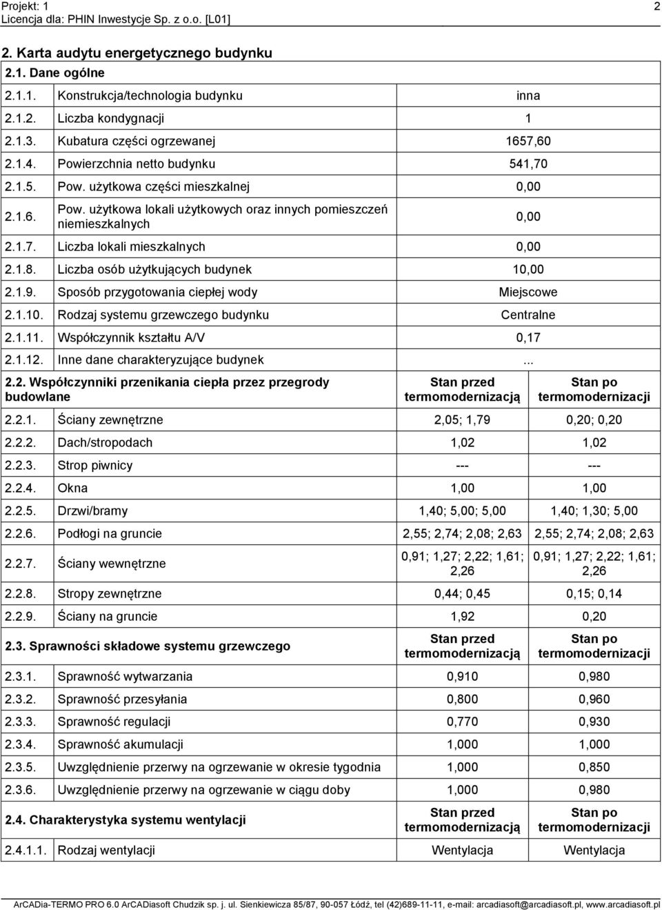 .8. Liczba osób użytkujących budynek 0,00 2..9. Sposób przygotowania ciepłej wody Miejscowe 2..0. Rodzaj systemu grzewczego budynku Centralne 2... Współczynnik kształtu A/V 0,7 2..2. Inne dane charakteryzujące budynek.