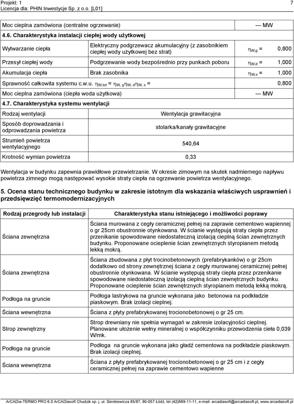 Podgrzewanie wody bezpośrednio przy punkach poboru W,d =,000 Akumulacja ciepła Brak zasobnika W,s =,000 Sprawność całkowita systemu c.w.u. W,tot = W, g W, d W, s = 0,800 Moc cieplna zamówiona (ciepła woda użytkowa) 4.