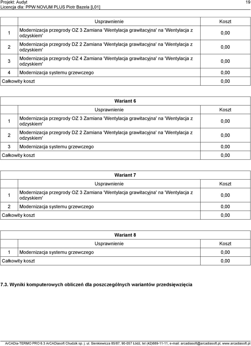 grawitacyjna' na 'Wentylacja z Modernizacja przegrody DZ 2 Zamiana 'Wentylacja grawitacyjna' na 'Wentylacja z 3 Modernizacja systemu grzewczego Całkowity koszt Koszt 1 Usprawnienie Wariant 7