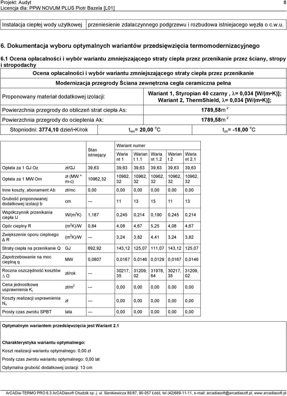 przenikanie Proponowany materiał dodatkowej izolacji: Modernizacja przegrody Ściana zewnętrzna cegła ceramiczna pełna Wariant 1, Styropian 40 czarny, = 0,034 [W/(m K)]; Wariant 2, ThermShield, =