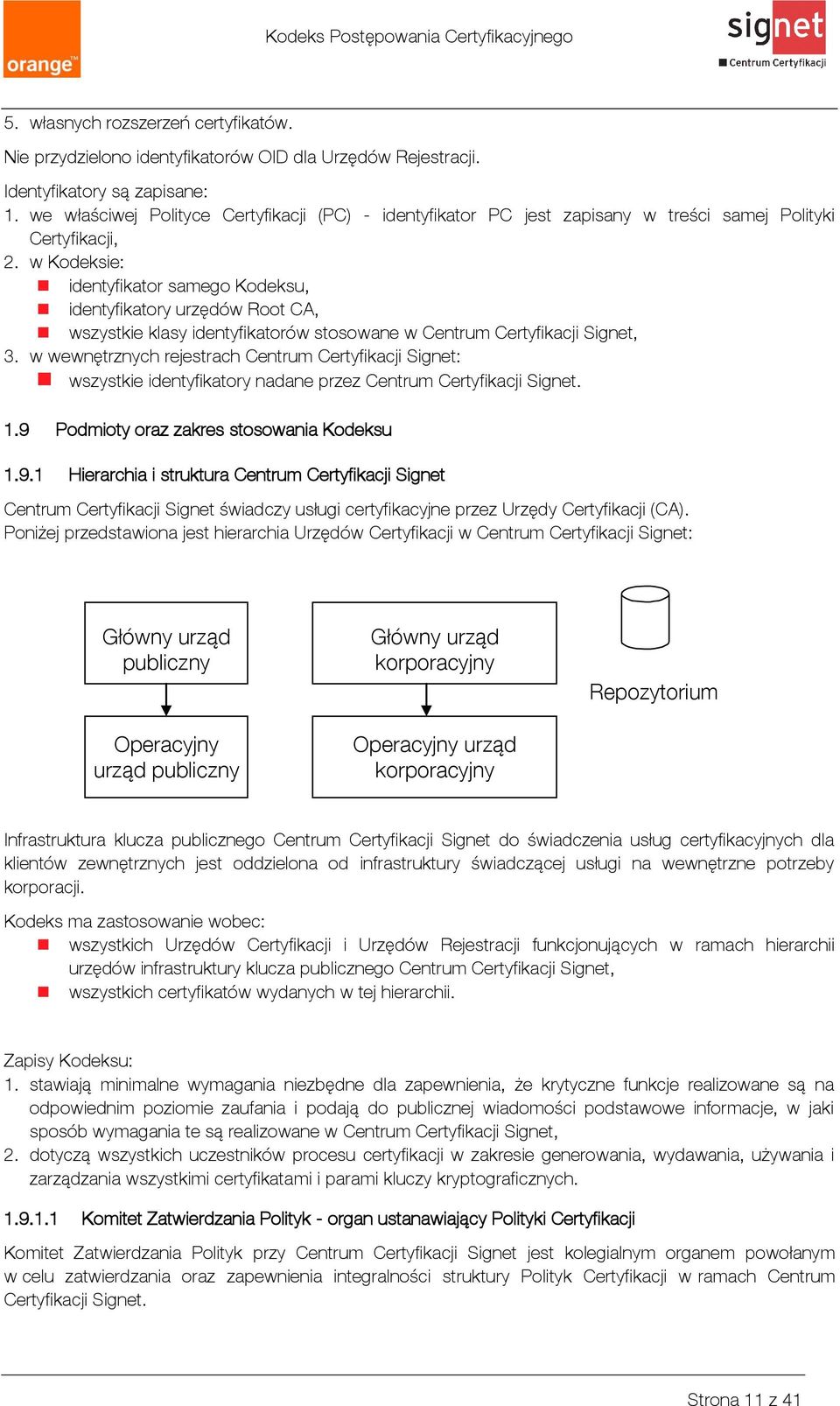 w Kodeksie: identyfikator samego Kodeksu, identyfikatory urzędów Root CA, wszystkie klasy identyfikatorów stosowane w Centrum Certyfikacji Signet, 3.