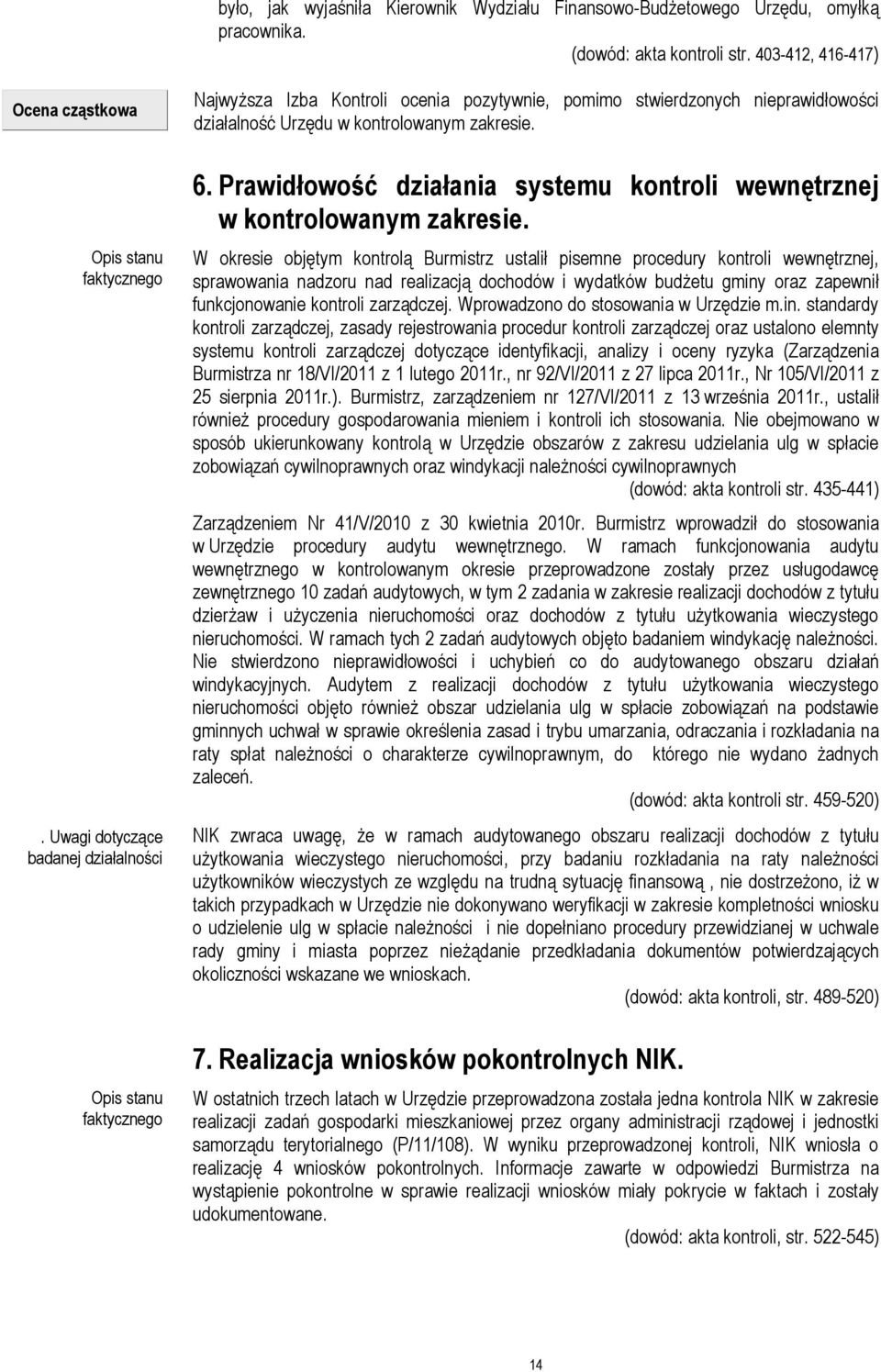 Prawidłowość działania systemu kontroli wewnętrznej w kontrolowanym zakresie.