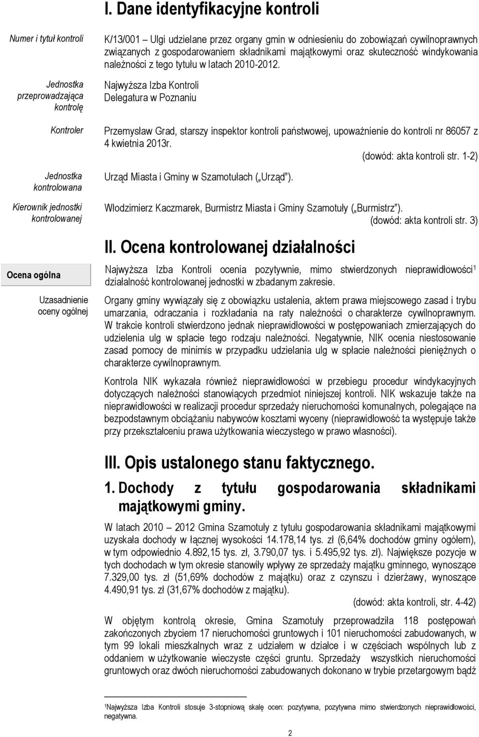 latach 2010-2012. Najwyższa Izba Kontroli Delegatura w Poznaniu Przemysław Grad, starszy inspektor kontroli państwowej, upoważnienie do kontroli nr 86057 z 4 kwietnia 2013r. (dowód: akta kontroli str.