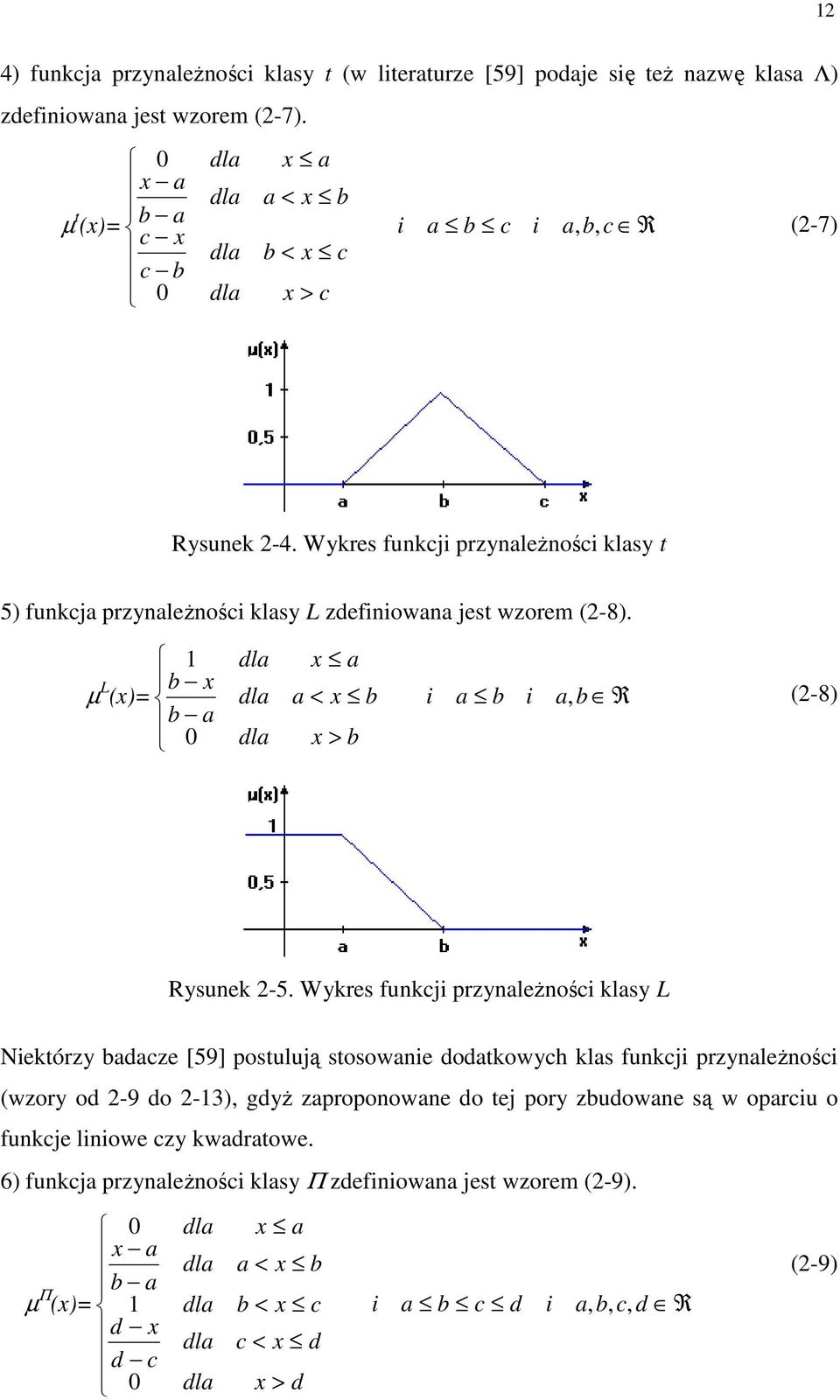 Wykres funkcj przynaleŝnośc klasy t 5) funkcja przynaleŝnośc klasy L zdefnowana jest wzorem (2-8). µ L (x)= R > < b a b a b x dla b x a dla a b x b a x dla, 0 (2-8) Rysunek 2-5.