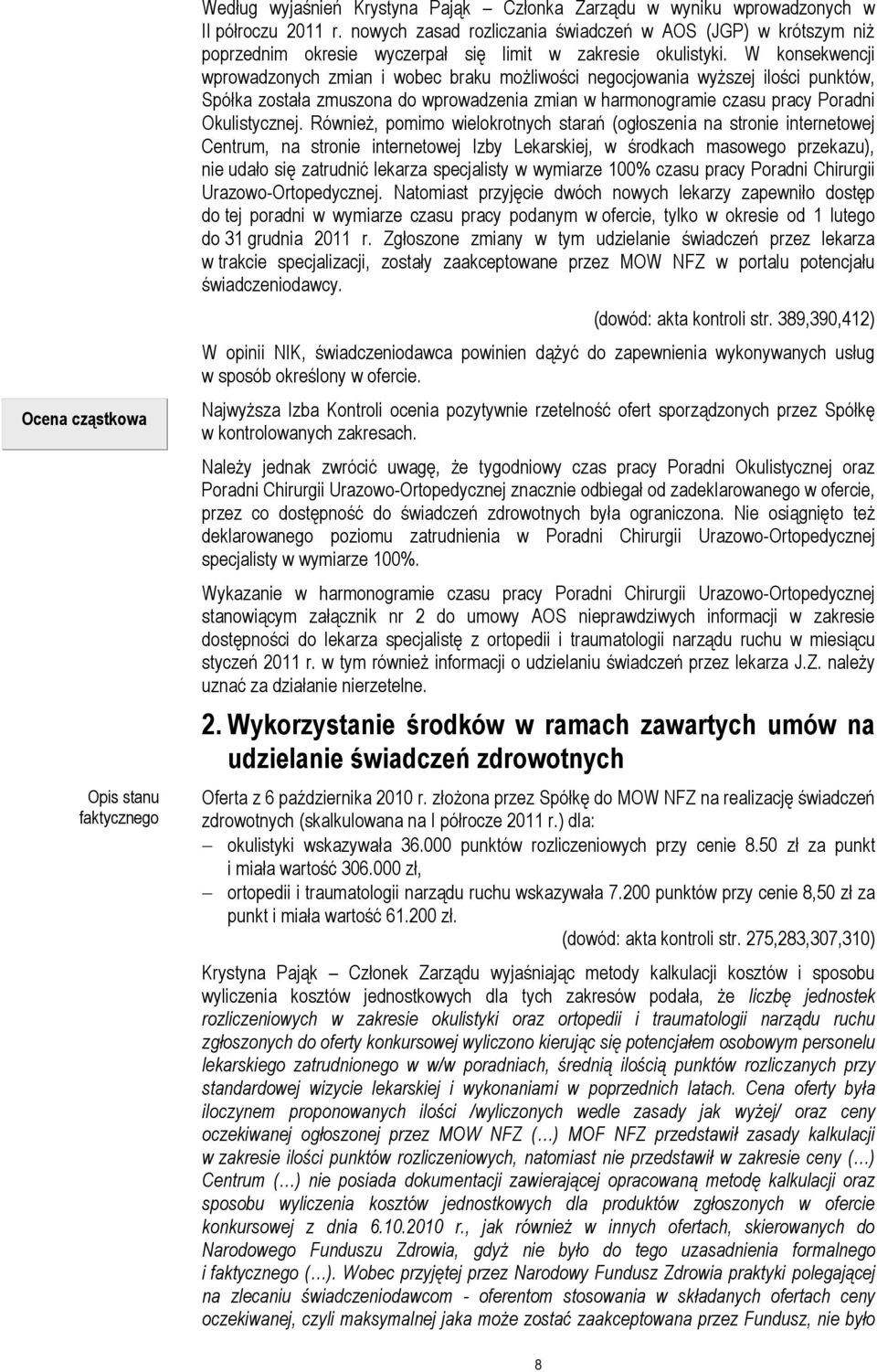 W konsekwencji wprowadzonych zmian i wobec braku możliwości negocjowania wyższej ilości punktów, Spółka została zmuszona do wprowadzenia zmian w harmonogramie czasu pracy Poradni Okulistycznej.