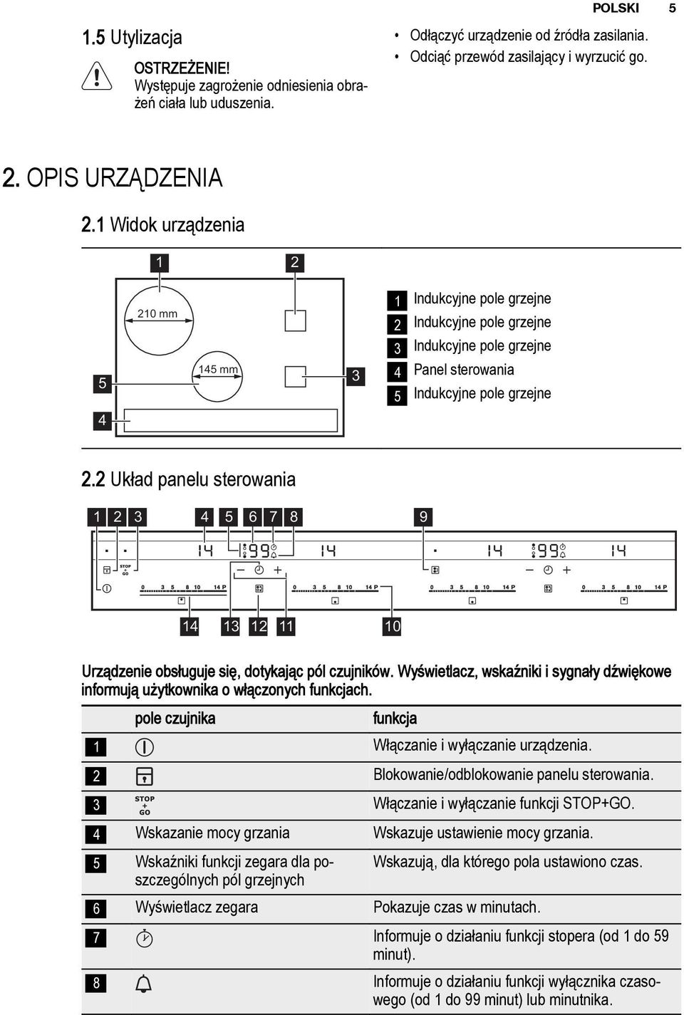 2 Układ panelu sterowania 1 2 3 4 5 6 7 8 9 14 13 12 11 10 Urządzenie obsługuje się, dotykając pól czujników. Wyświetlacz, wskaźniki i sygnały dźwiękowe informują użytkownika o włączonych funkcjach.