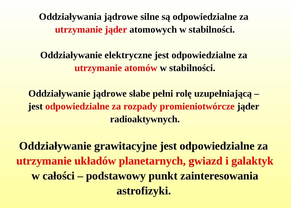 Oddziaływanie jądrowe słabe pełni rolę uzupełniającą jest odpowiedzialne za rozpady promieniotwórcze jąder