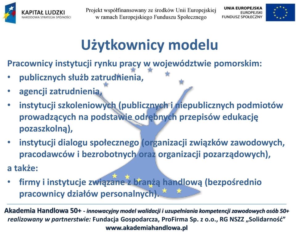 pracodawców i bezrobotnych oraz organizacji pozarządowych), a także: Użytkownicy modelu firmy i instytucje związane z branżą handlową (bezpośrednio pracownicy działów personalnych).