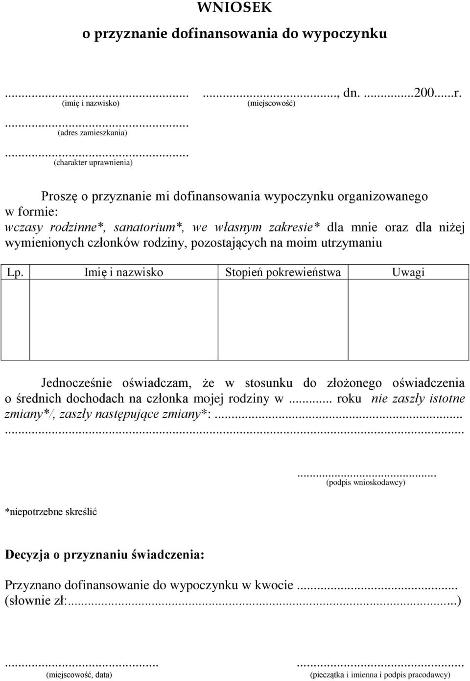 rodziny, pozostających na moim utrzymaniu Lp.