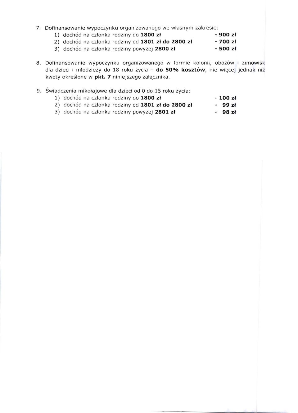 Dofinansowanie wypoczynku organizowanego w formie kolonii, obozow i zimowisk dla dzieci i mtodziezy do 18 roku zycia - do 50% koszt6w, nie wi~cej jednak nit kwoty