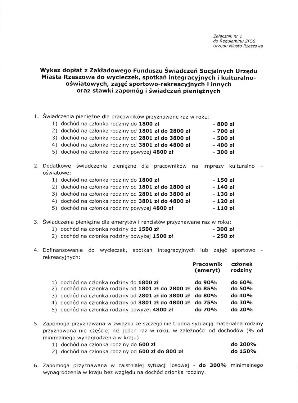 SWiadezenia pieni~zne dla praeownikow przyznawane raz w roku: 1) dochod na ezfon ka rodzi ny do 1800 zl - 800 zl 2) dochod na czfonka rodziny od 1801 zl do 2800 zl - 700 zl 3) dochod na ezfonka